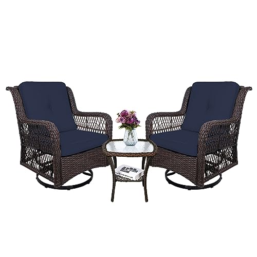 MEETWARM 3-Piece Patio Wicker Conversation Bistro Set Cushioned, Outdoor Swivel Rocking Chairs Rattan Furniture Sets with Thickened Cushion and Glass-Top Coffee Table (Orange)