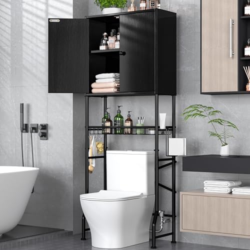 Over The Toilet Storage Cabinet - 2-Door Design Bathroom Organizers Shelf, Freestanding Space-Saver Above Toilet Storage Cabinet with Privacy Protection Rack, Water-Resistant Toilet Shelves (White)