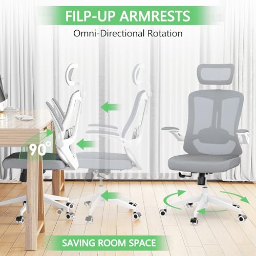 Office Chair Ergonomic desk chair with 350LBS Capacity, Comfort Mesh computer chair, High Back Gaming Chair with Wheels, Adjustable Headrest, Lumbar Support, Flip-up Armrest (White+Khaki)