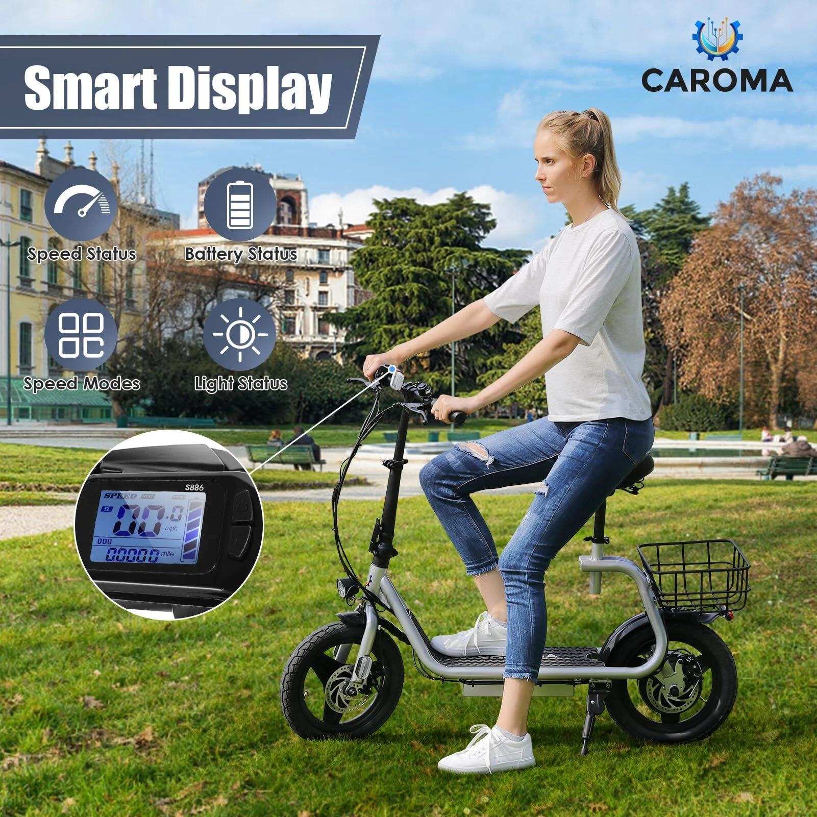 Caroma 800W(Peak) Adults Electric Scooter with Removable Seat, Max Speed 20mph Up to 25 Miles Range, 14" Tire for Commuting Scooter with Basket, Folding Electric Scooter, Silver