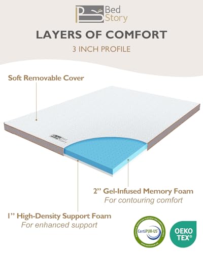 BedStory 4 Inch Memory Foam Mattress Topper Queen - Gel Infused Bed Toppers with Removable Cover & High Density Memory Foam - Medium Firm, CertiPUR-US Certified