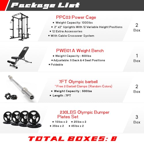RitFit Multi-Function Squat Rack Power Cage PPC03 with Cable Crossover System, 1000LBS Capacity Power Rack and Packages with Optional Weight Bench, Barbell Weight Set, for Garage Workout & Home Gym