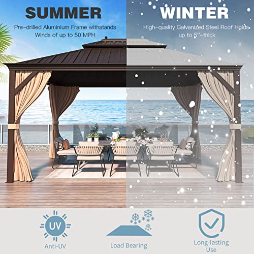 MELLCOM 12'x16' Hardtop Gazebo, Galvanized Steel Metal Double Roof Canopy with Curtains and Netting, Brown Permanent Pavilion Gazebos with Aluminum Frame for Garden, Patio, Lawns, Deck