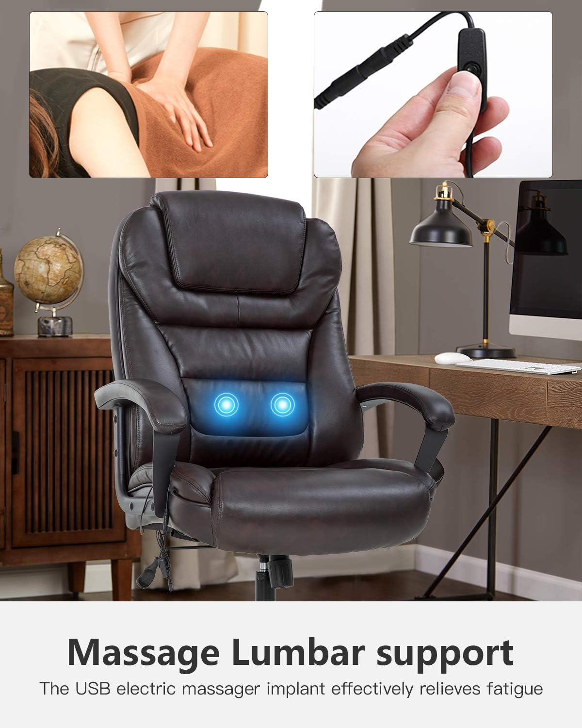 Big and Tall Office Chair 500lbs Ergonomic XL Computer Chair Heavy Duty Office Chairs with Lumbar Support Wheels for Heavy People Leather Desk Chairs Brown