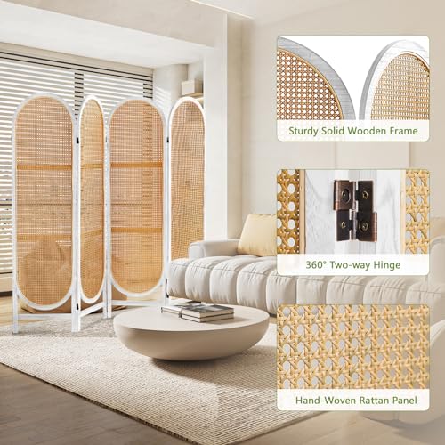 6 Panels Room Dividers and Folding Privacy Screens, Hand-Woven Rattan Room Divider Wall, Wood Room Divider Freestanding Room Partitions Screen for Home Office Bedroom, WhiteBrown