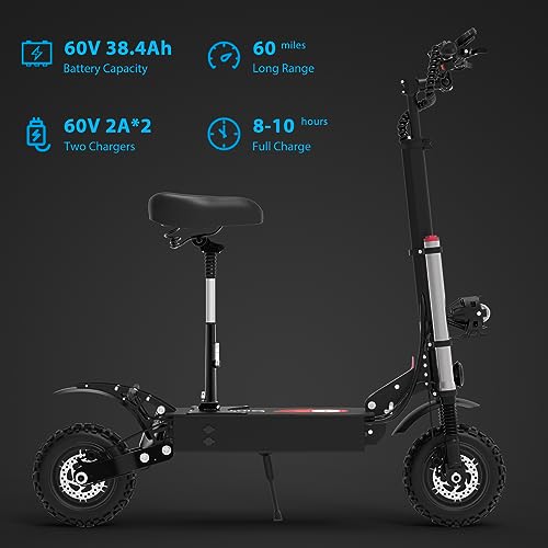 Electric Scooter Adults,60V 38.4Ah & Top Speed 50 MPH Dual Motor Fast Electric Scooter for Adult, 11" All-Terrain Tires,Foldable with Steering Damper,E- Scooter for Mountains,Off-Road