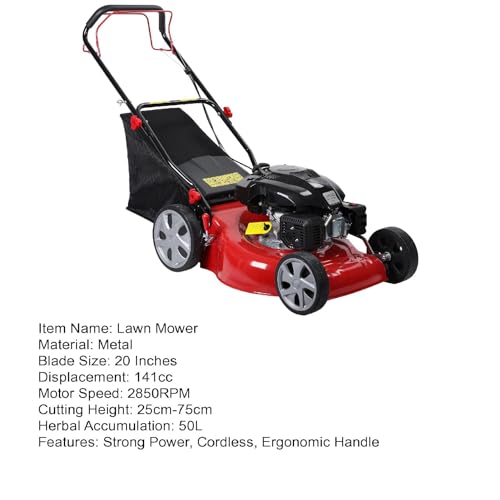 20-Inch Gas Push Lawn Mower | 141CC 4-Cycle Engine | Self Propelled Lawn Mower | Side Discharge | High Rear Wheels | 7-Position Single Wheel Height Adjustment (Red)