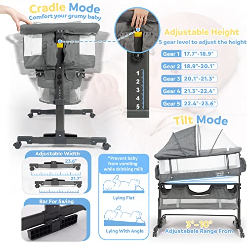3 in 1 Baby Bassinet, Upgraded Beside Crib with 360° Highly Visible Mesh wall, Comfy Co-sleeper Bassinet with mattress, 5 Level Adjustable Height, Foldable & Portable BabyTravel Crib for Newborn, Grey