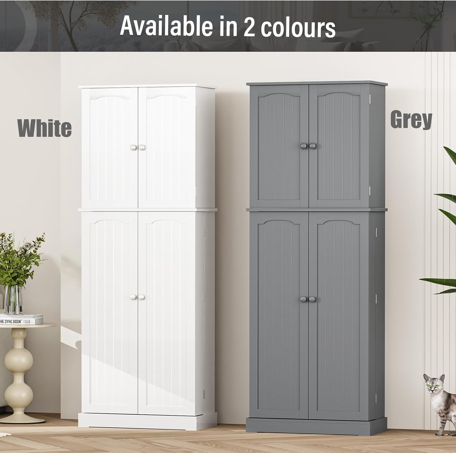 HOME BI 64" Kitchen Pantry Cabinet, Tall Freestanding Pantry Storage Cabinet, Food Pantry Cabinets with Doors and Shelves for Home Kitchen, Dining Room, Living Room, White
