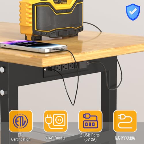Workbench, 60" Adjustable Height Work Table with Power Outlet, Drawer and Wheels, 2000 LBS Load Capacity Hardwood Work Bench for Garage, Workshop, Home, Office (60" X 24")
