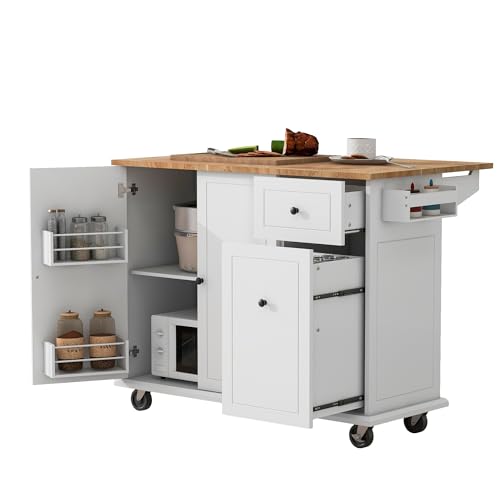 LUMISOL Kitchen Cart with Wood Top, Rolling Kitchen Island Cart with Spice Rack, Towel Rack and 4 Drawers, Storage Cabinet with Open Shelves and Door