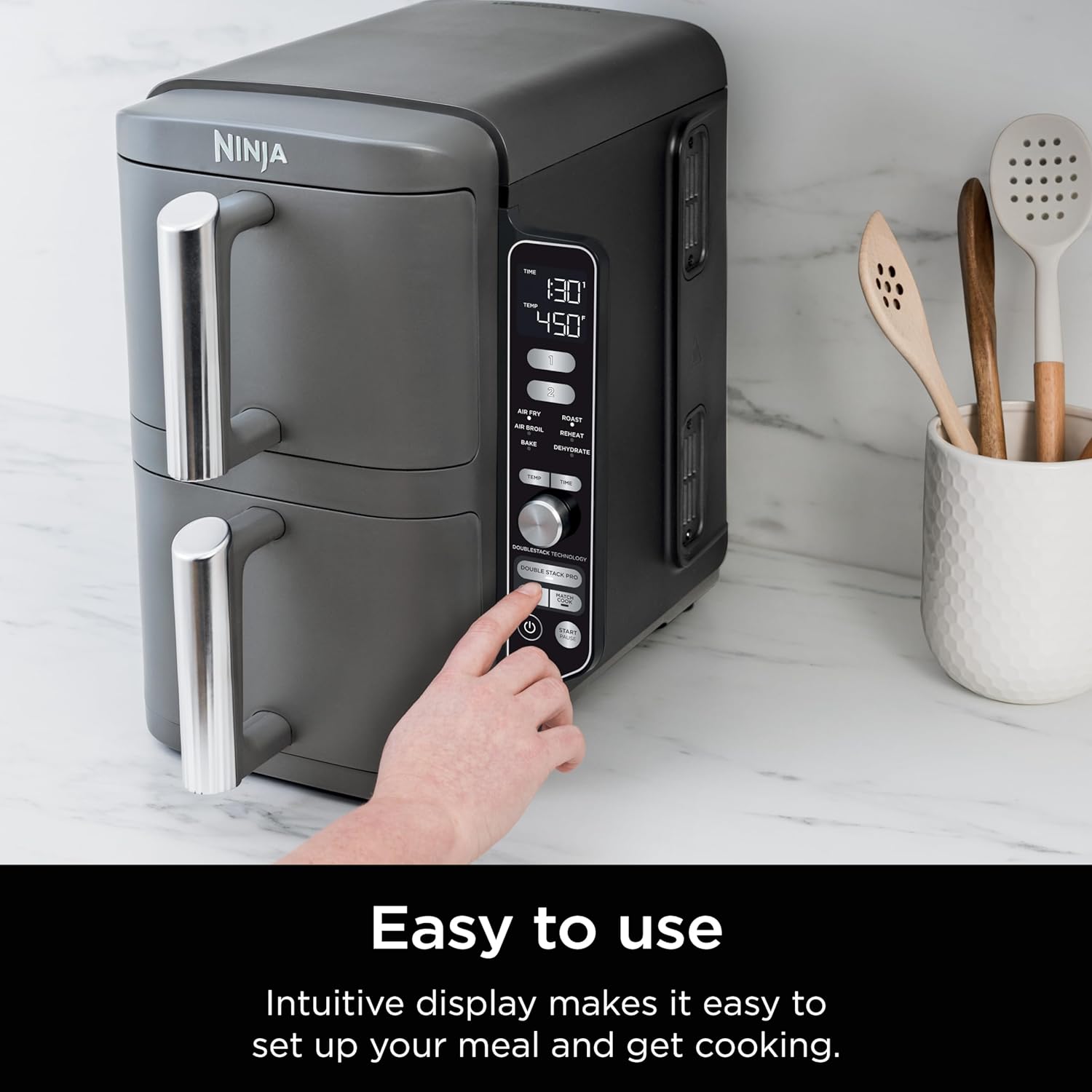 Ninja SL401 DoubleStack XL 2-Basket Air Fryer, DoubleStack Technology Cooks 4 Foods at Once, Compact Design, 10 QT, 6-in-1, Smart Finish & Match Cook, Air Fry, Broil, Bake, Easy Meals, Easy Clean,Grey