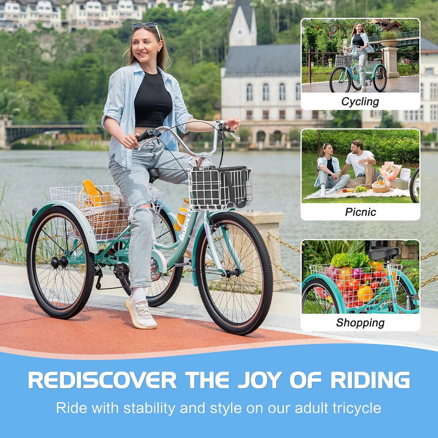 Mooncool Adult Tricycle 20/24/26 inch 7 Speed, Three Wheel Bicycle for Adult, Trike Cruiser W/ Tools & Big Basket for Exercise Shopping Picnic Outdoor Activities