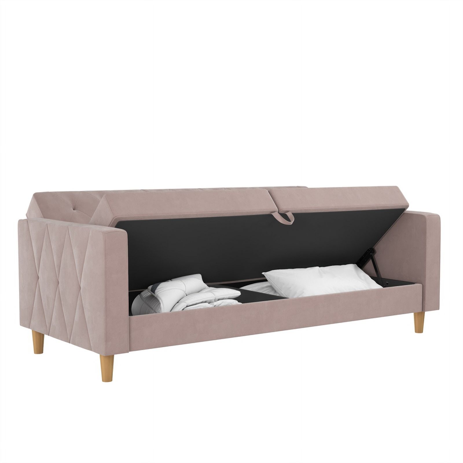 Pemberly Row Contemporary Futon with Storage in Blush Velvet