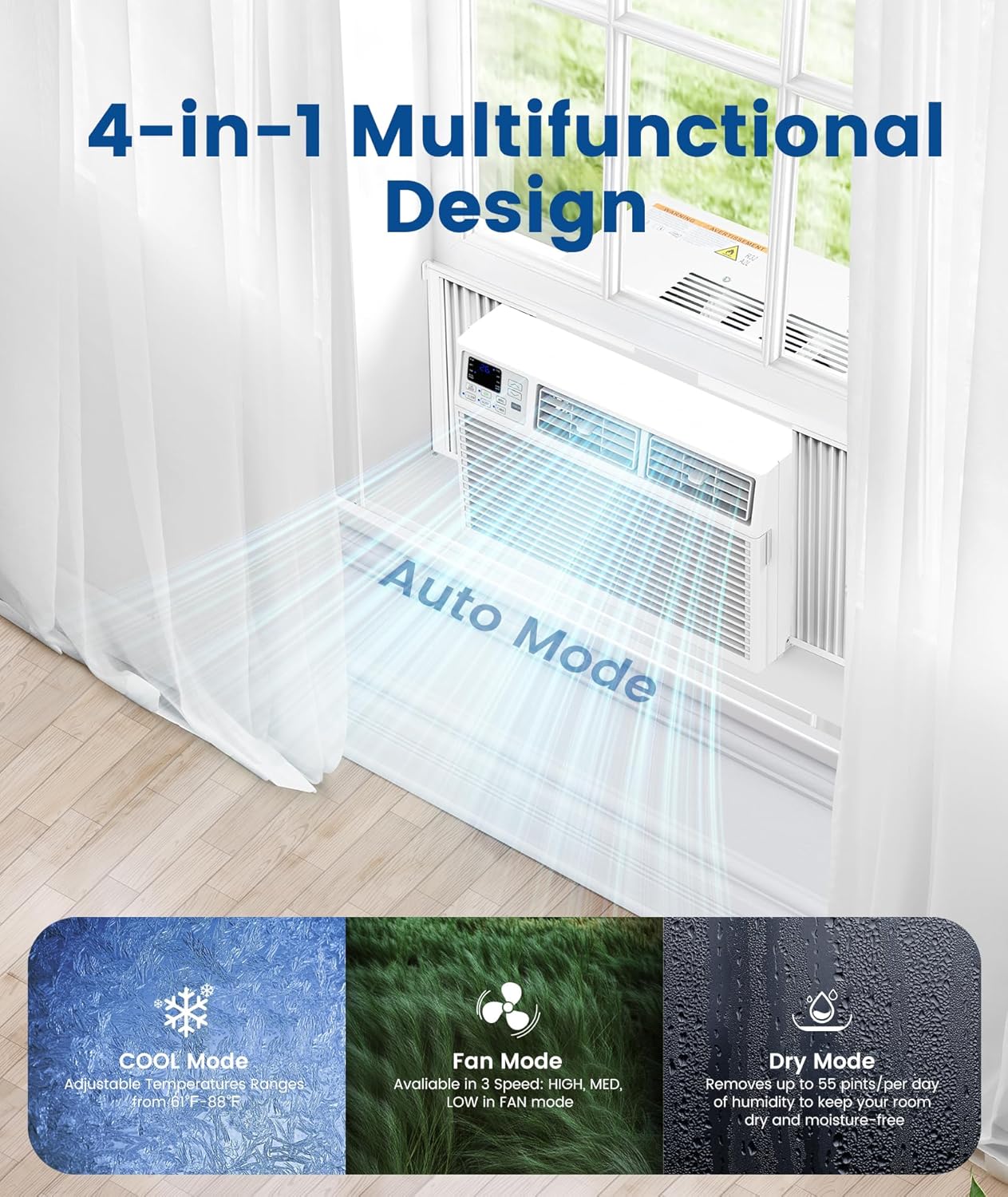 COWSAR Window Air Conditioner, 8000 BTU AC Unit with Remote Control for Rooms up to 350 sq ft. High Cooling Capacity, 4 Modes, LED Display, 24H Timer, Reusable Filter, Easy Install Kit