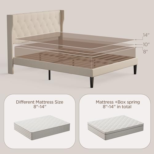 Aiho Queen Size Bed Frame with Headboard, Upholstered Bed Frame with Solid Wooden Slats, Under Bed Storage, No Box Spring Needed, Noise-Free, Easy Assembly, Beige