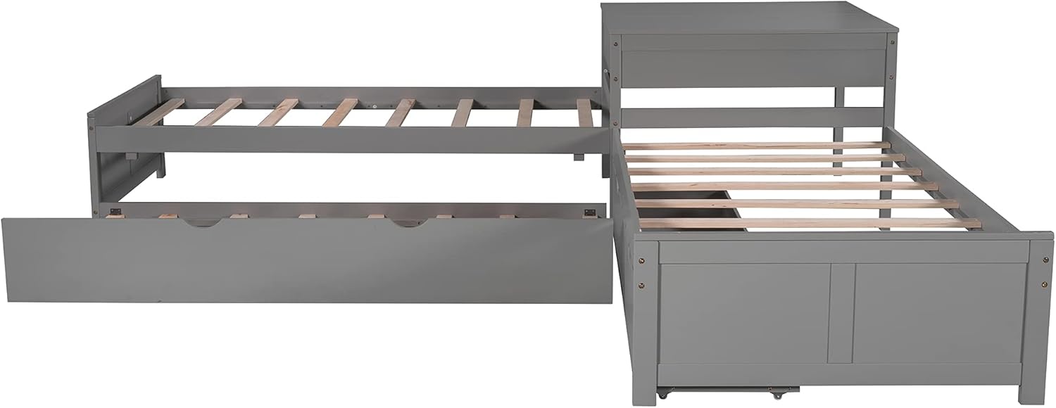 L-Shaped Platform Bed with Trundle and 2 Storage Drawers, Wooden Twin Corner Daybed Frame Linked with Built-in Square Desk, No Noise,for 3 Kids, Teens, Boys, Girls Living Room Bedroom