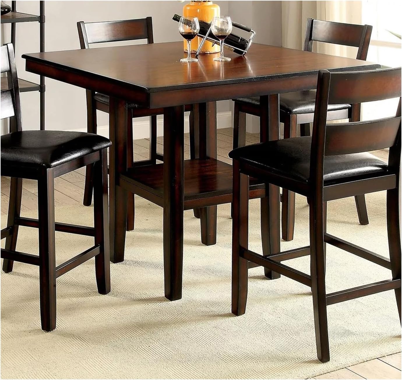 Saranya 18 Shop Brown Cherry Storage Dining Table 5pc Set Counter Height Wooden 4X High Chairs Cushion seat Shelf Shelves Furniture Room Kitchen New Modern Home 40" L x 40" W x 36" H of Set