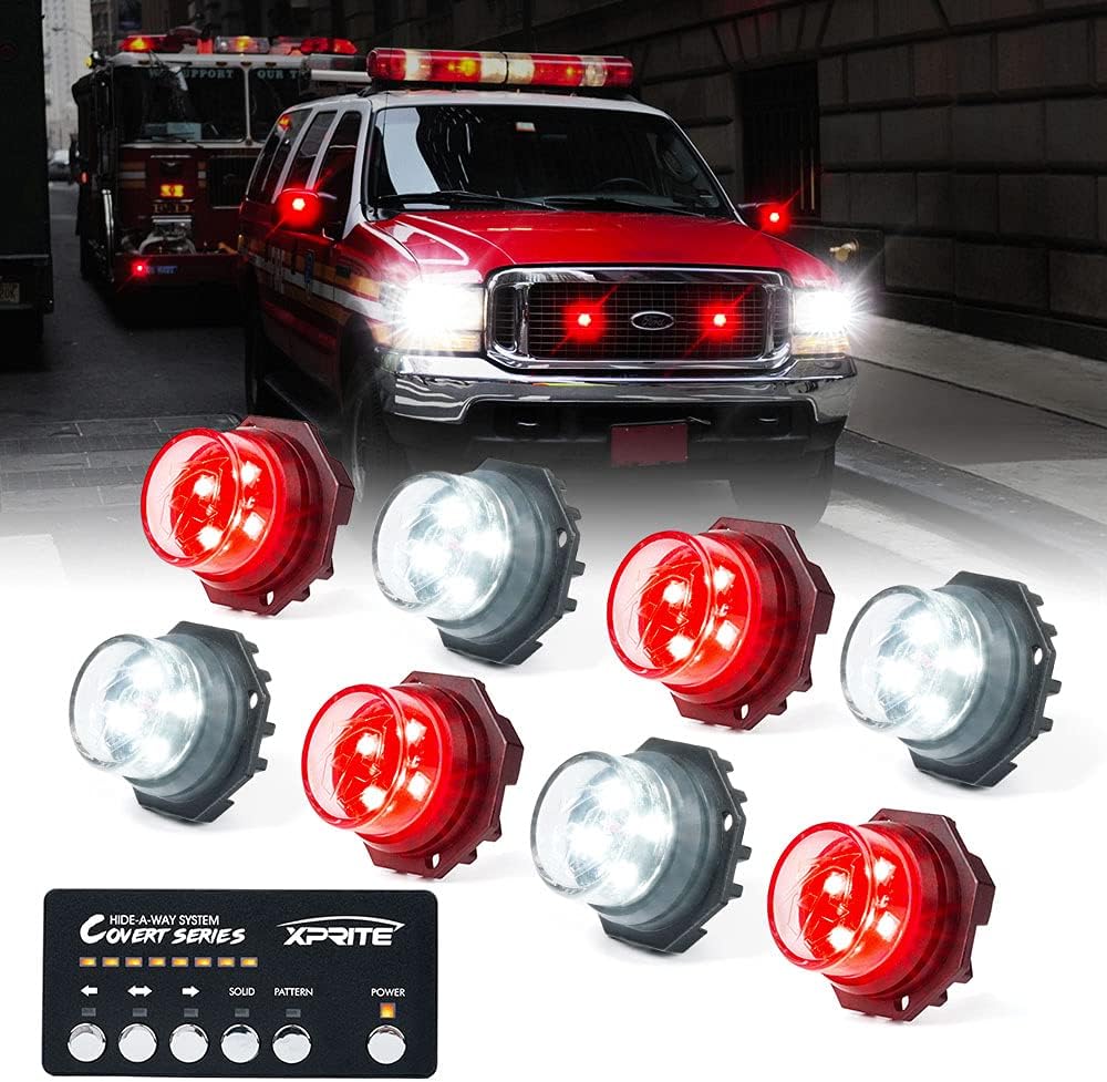 Xprite White LED Hideaway Strobe Lights Kit w/ Controller, Grille Surface Mount Hazard Warning Safety Flashing Light for Emergency Pickup Trucks Construction Vehicle Rear Tail Light Headlights 8 PCS