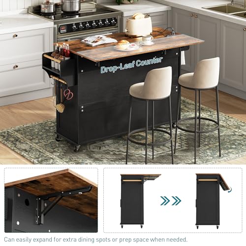 Kitchen Island with Drop Leaf, Kitchen Cart with Charging Station, Kitchen Table with Storage, Rolling Island Table with 3 Drawers, Towel Rack and Spice Rack, White and Walnut