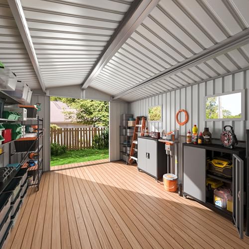 10x10 FT Outdoor Storage Shed, Metal Garden Tool Shed with Updated Frame Structure, Lockable Doors and Windows, Ideal for Backyard Garden Patio Lawn, Grey