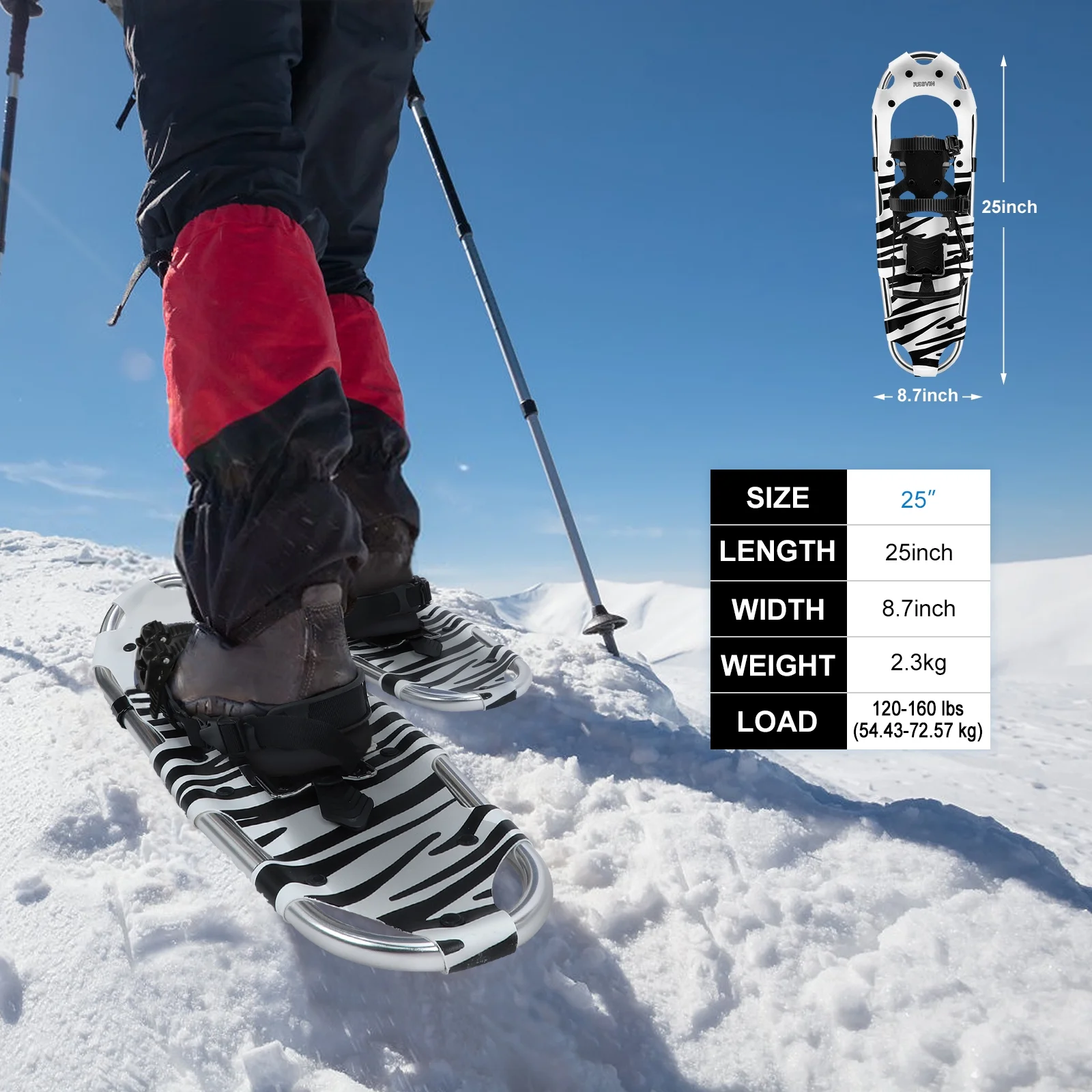 Snowshoes and 25" Snowboards Adjustable Bindings Hiking Trekking Poles Lightweight Zebra pattern Backpacking Aluminum with Carrying Tote Bag for adult
