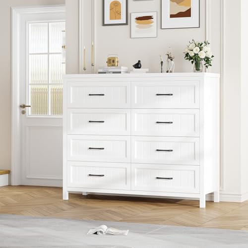 Elegant Farmhouse 8 Drawer Dresser for Bedroom - Large Wooden Double Dressers with Deep Drawers Dressers for Hallway, or Entryway - White & Brown
