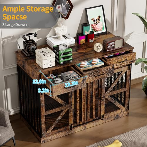 48'' Dog Crate Furniture with Removable Divider & Storage Drawers, Wooden Double Dog Cage TV Stand with 2 Sliding Barn Doors, Multi-Functional Dog Crate End Table for Indoor use (White)