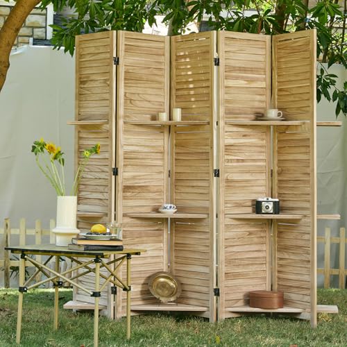 Room Divider with Shelves, 5.6 Ft Tall Folding Wood Screen with Double Hinges for Home Office Bedroom Hotel Decoration (6 Panels, Brown)