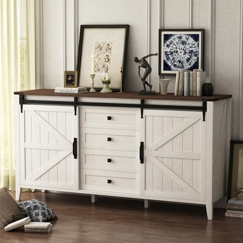 Farmhouse Dresser for Bedroom, 60" Long Dresser with 4 Drawers & Sliding Barn Door, Wide Wood Dresser, Tall TV Stand for Living Room, Buffet Cabinet with Storage Chest, White