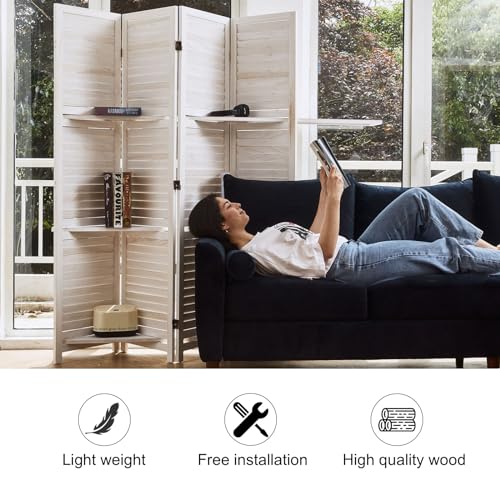 Room Divider with Shelves, 5.6 Ft Tall Folding Wood Screen with Double Hinges for Home Office Bedroom Hotel Decoration (6 Panels, Brown)