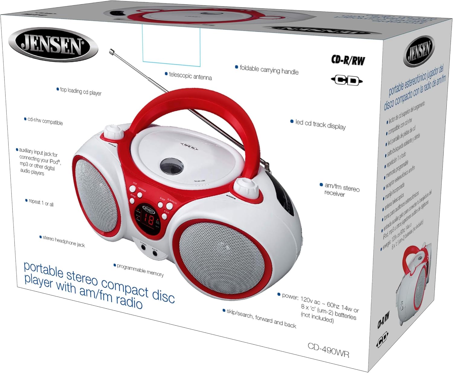 Jensen CD Boombox CD-490 White/Red Portable Stereo Boombox + CD-R/RW Player with AM/FM Radio and Aux Line-In (Limited Edition Color) Pack of 2