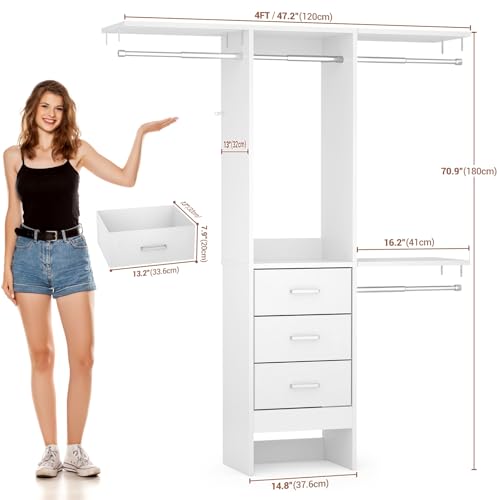 4FT Small Closet System with 3 Fabric Drawers, 48'' Closet Organizer System With 3 Adjustable Shelves, Flexible Built-In Clothes Garment Rack for Small Space, 48" L x 13" W x 71" H, White