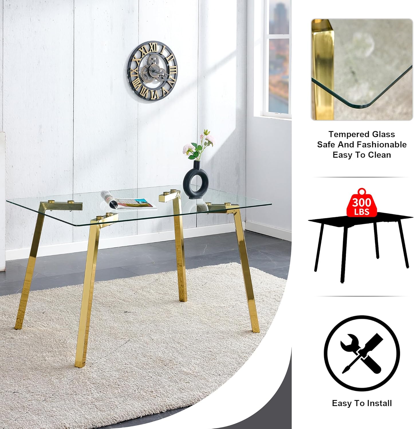 Gold Glass Dining Table Set for 6, 51'' Modern Rectangle Dinner Room Table Set, 7 PCS Clear Glass Top Retro Kitchen Table Set, Beige Woven Dining Chair for Living Room Small Apartment