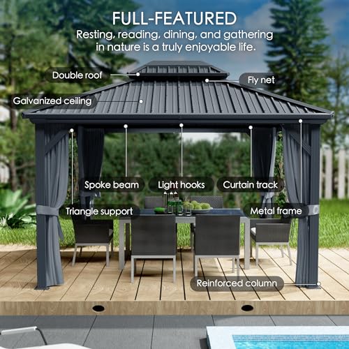 Kozyard Caesar 10'x10' Hardtop Gazebo - Permanent Metal Pavilion with Netting and Shaded Curtains for Patio, Backyard, and Deck - Galvanized Steel Outdoor Aluminum Canopy, Double Roof Gazebo (Grey)