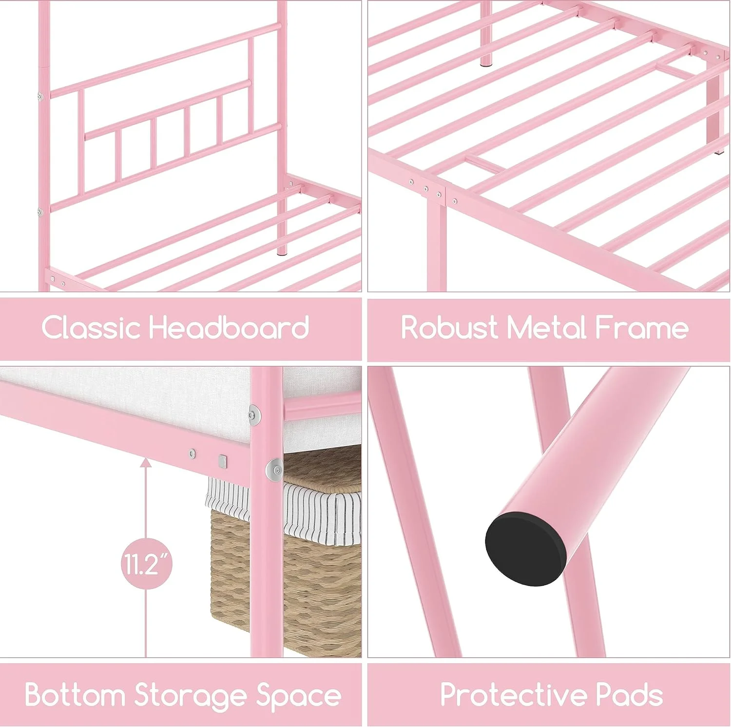 Twin Canopy Bed Frames Metal Platform Bed Frame Four-Poster Canopied Bed Mattress Foundation with Headboard and Footboard Sturdy Slatted Structure Easy Assembly No Box Spring Needed Pink