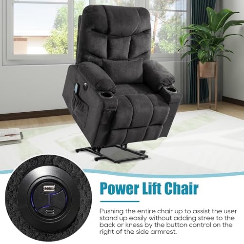 Power Lift Recliner Chair for Elderly,Lift Chair with Heat and Massage,Lift Chair Recliner with USB Port,Electric Lift Recliner Chair with Remote,2 Side Pockets, and Cup Holders