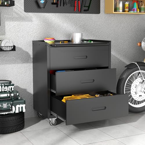 Metal Storage Cabinet with Wheels, Lockable Garage Cabinet with Doors and Shelves, Rolling Tool Storage, Assembly Required, Black