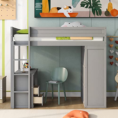 Full Size Loft Bed with Storage Wardrobe and Desk Wooden Loft Beds Frame with Drawers and Cabinet Wood High Loft Beds with Ladder for Kids Teens Adults, White
