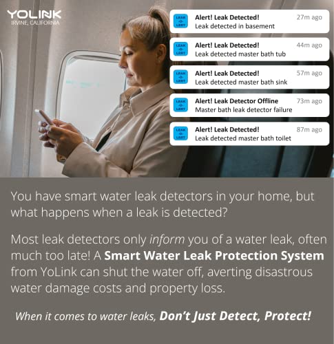 YOLINK LoRa Smart Water Leak Protection System, w/Commercial Grade Smart Motorized Stainless Steel Valve, (3) Water Leak Sensors, Hub: Up to 1/4-Mile Range, IFTTT, Alexa, Home Assistant
