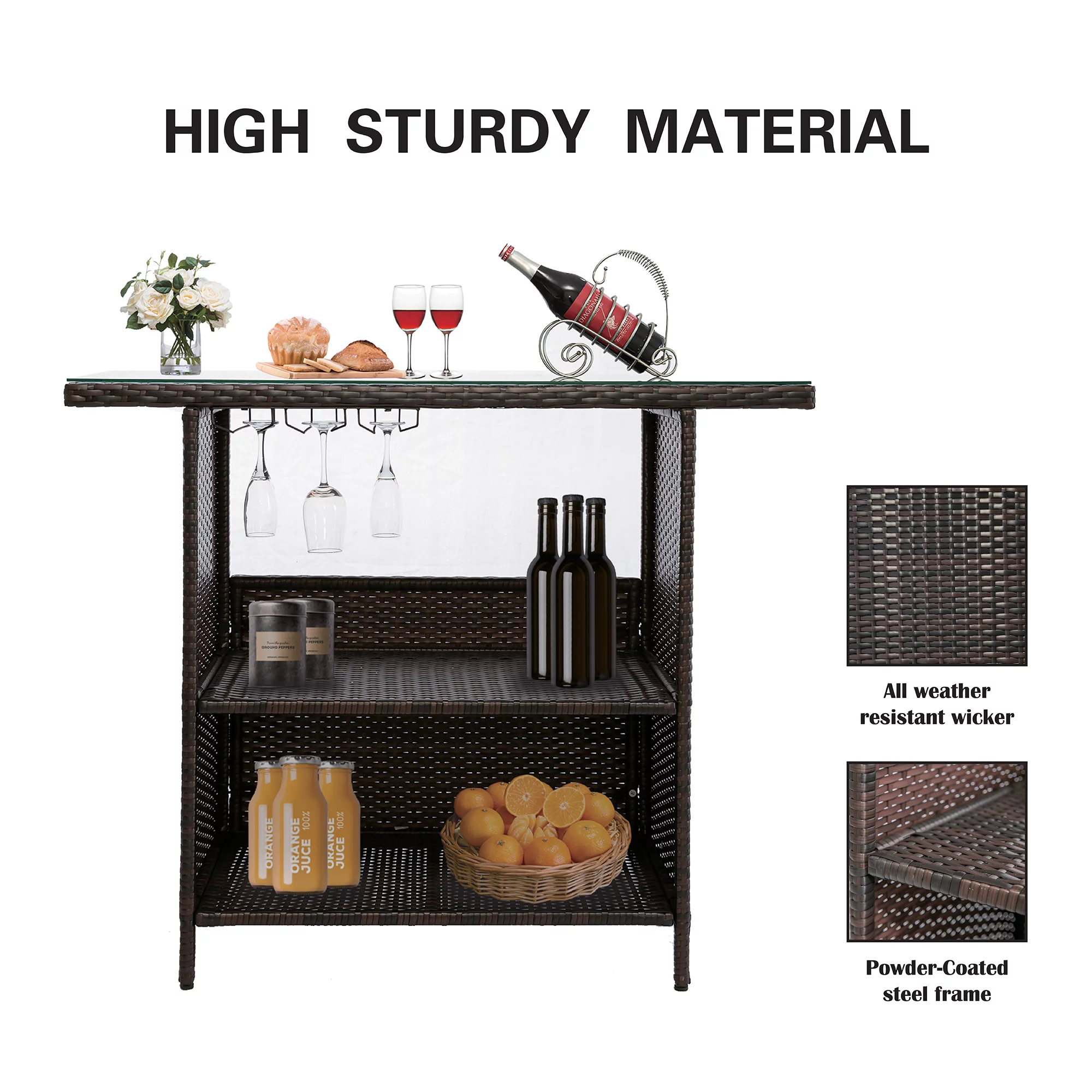 Outdoor Patio Rattan Wicker Bar Counter Table Tempered Glass Tabletop w/ Waterproof Cover,2 Steel Shelves,3 Sets of Rails
