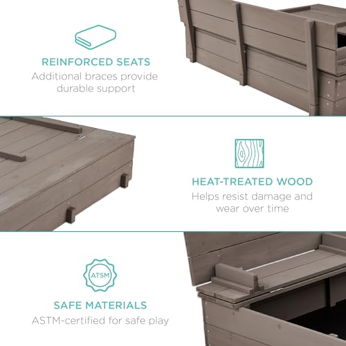 Best Choice Products Kids' Outdoor Wooden Sandbox Large, Cedar Wood with Foldable Bench Seats and Sand Protection, Bottom Liner Included - Walnut