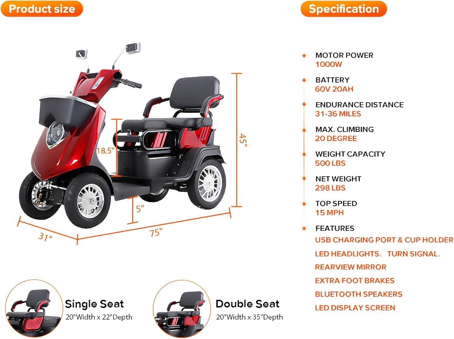 3 Speed Control 1000W 2 Seater Mobility Scooters with Bluetooth Speaker & 500lbs Weight Capacity, 36-Mile Range, Mobility Scooters at 15 MPH for Adults & Seniors, Red