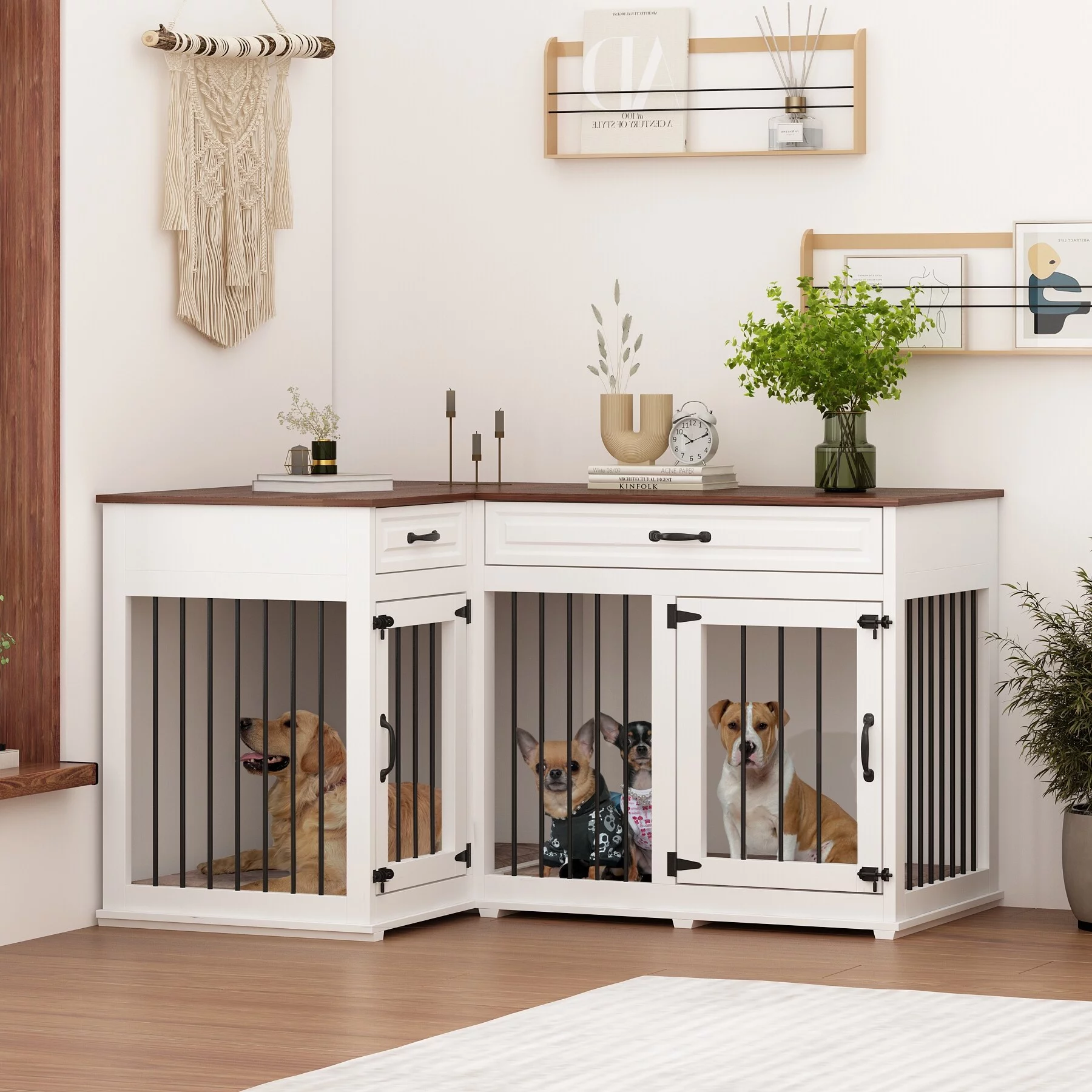 Large Corner Dog Crate Furniture For 2 Dogs With 2 Drawers TV Stand - Curated Treasures Market