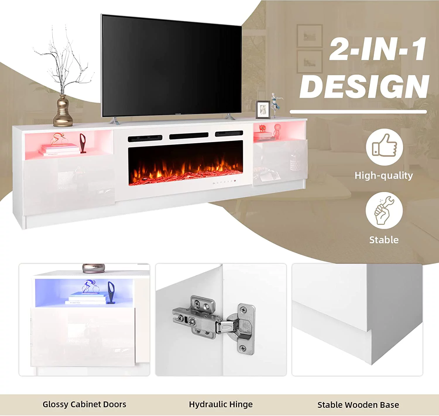 Erinnyees 80'' Fireplace TV Stand with 40'' Electric Fireplace, Entertainment Center with 16 Color Led Lights and 12 Flame Fireplace Insert Heater, TV Console for TVs up to 80'' for Living Room, White