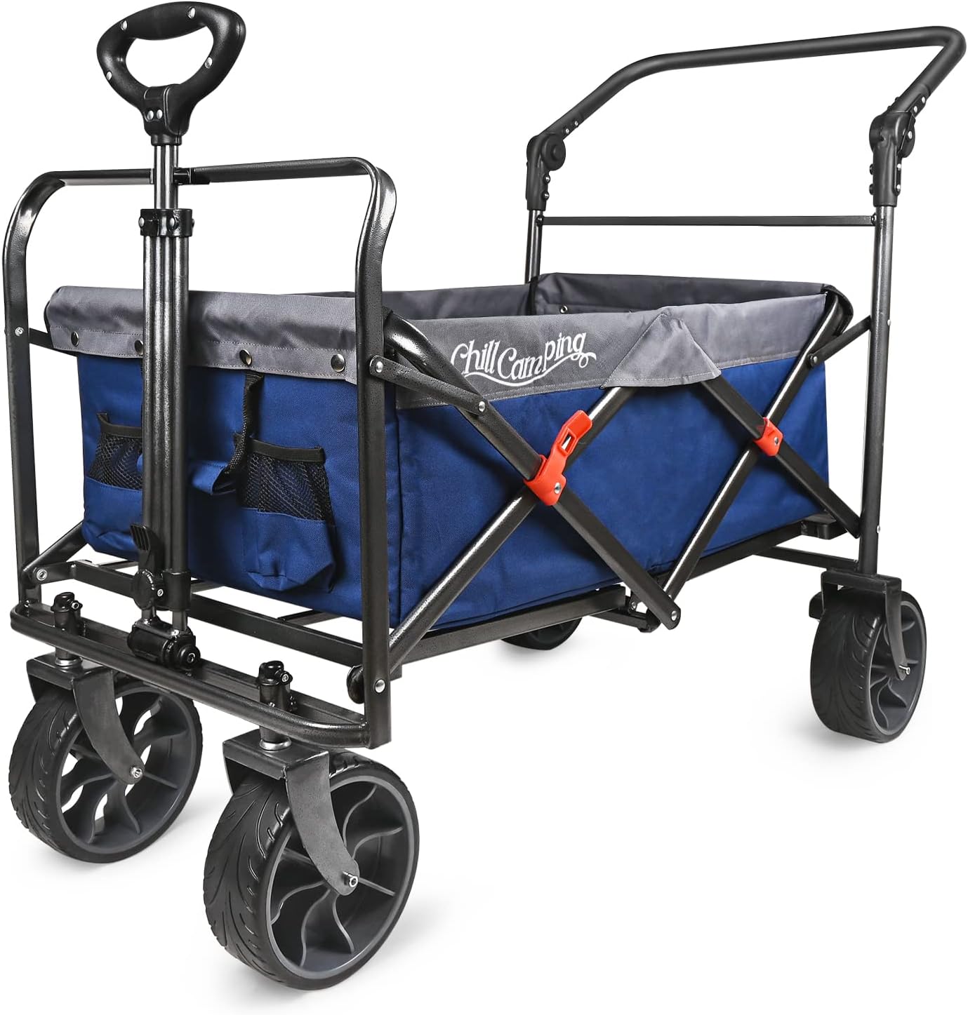 Collapsible Folding Wagon with Adjustable Push Pull Handles , Beach Wagon with Big Rubber Wheels for Sand, Utility Wagon Cart for Groceries, Purple/Gray