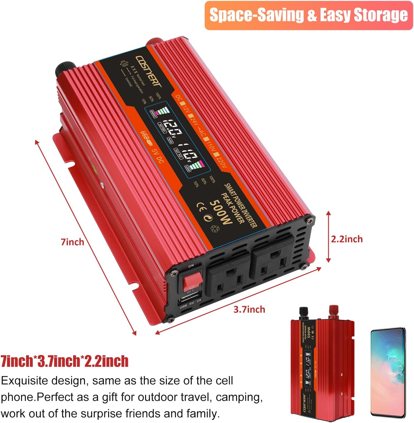 COSTYERT 500W Power Inverter DC 12V to 110V AC Car Inverter with Alligator Battery Clamp, LCD Display, Dual AC Outlets & 2.0A USB Ports Charger, Red