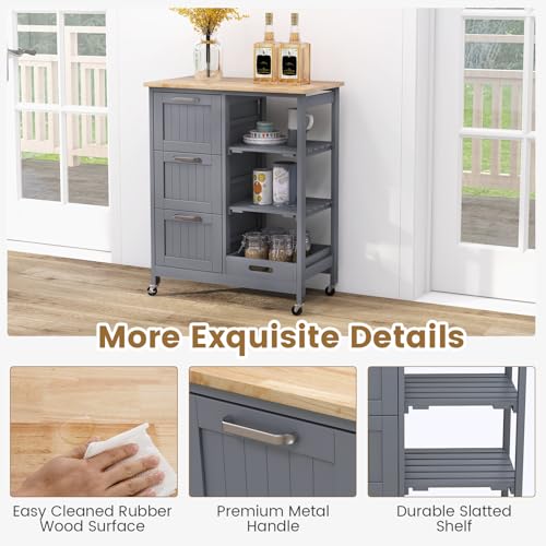 Kitchen Island, Rolling Storage Cart with Drawers & Removable Tray, Wood Storage Cart on Wheels with Countertop & 3 Tier Shelves, Modern Island Table for Kitchen, Dining Room