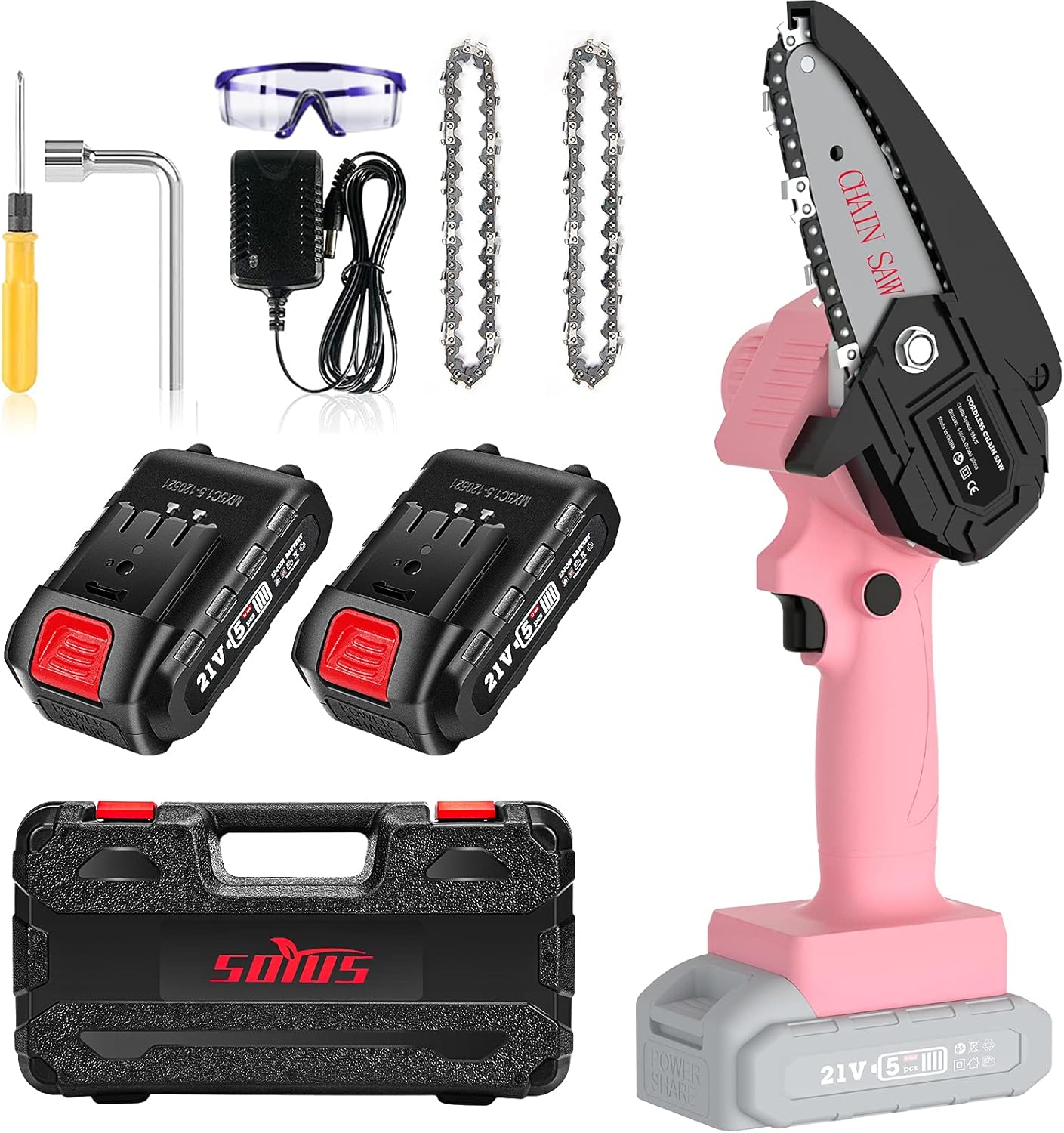 Mini Chainsaw Cordless 4 Inch Mini Chain Saw SOYUS Handheld Chainsaw Mini Chainsaw Battery Powered Rechargeable Mini Lithium Chainsaw Portable Chain Saw Tree Trimming Branch Wood Cutting Pink Pack of 2