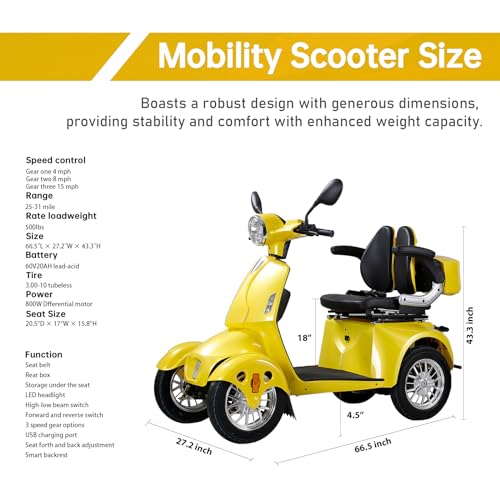Mobility Scooters for Seniors & 4 Wheel Powered Mobility Scooters - 800W Motor, 60V20Ah Battery, 500lbs Weight Capacity - Electric Wheelchairs for Adults, Long Range Power for Travel（Rose Gold）